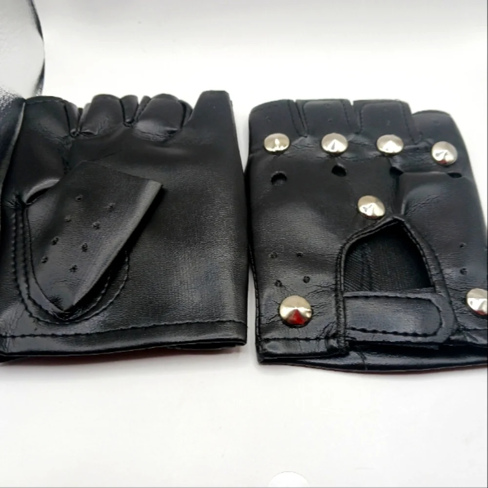 Black Faux Leather Studded + Black Cotton Fingerless Gloves Unisex -New